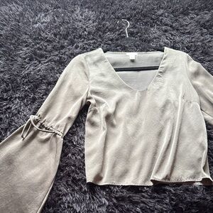 V-Neck Bell Sleeve Blouse in Taupe